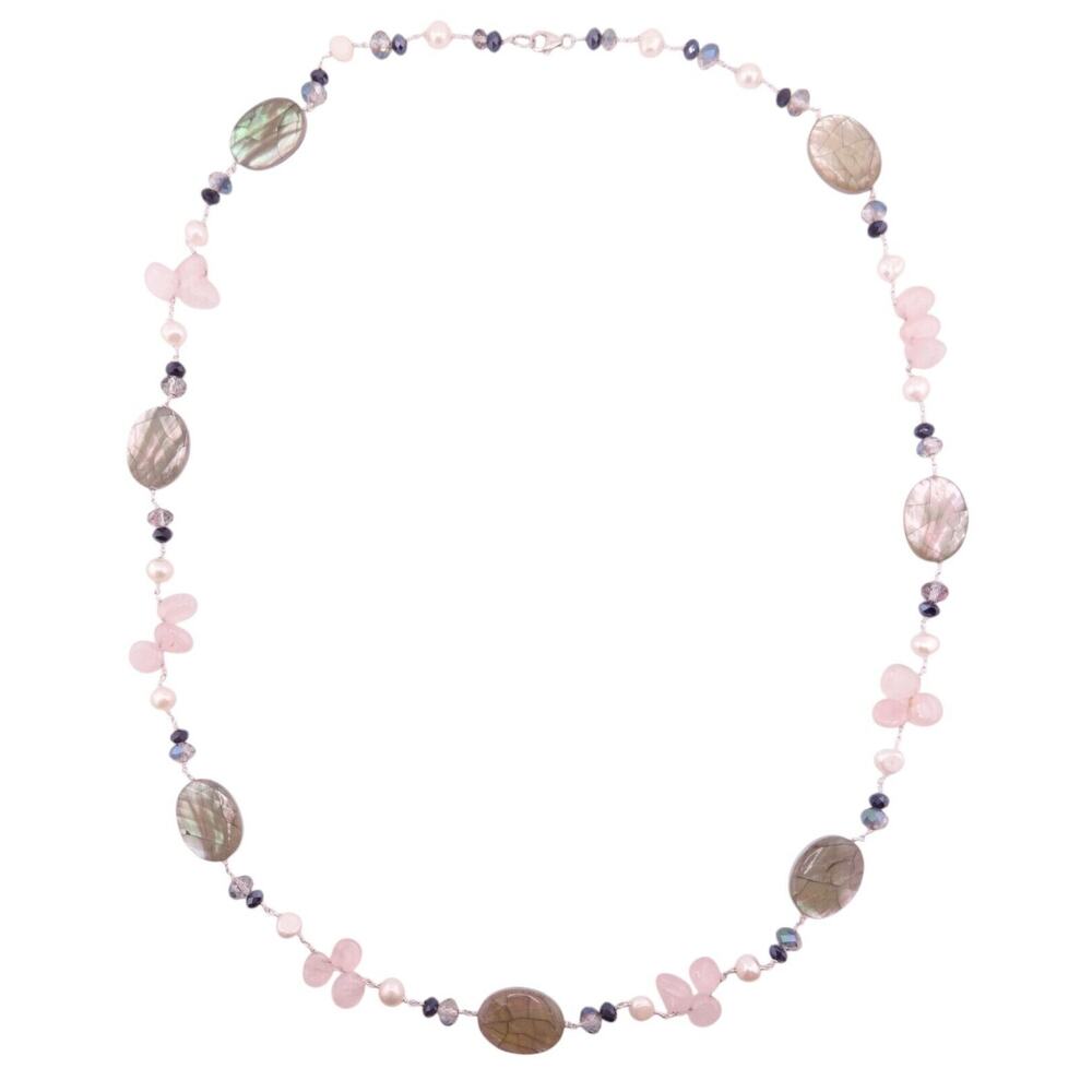 Labradorite Mineral Stone Rose Quartz & Pearl Beaded Silvertone Necklace NWOT